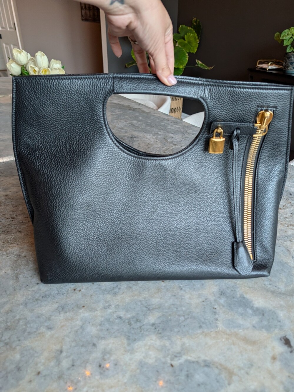 Black Leather Tote with Gold Hardware